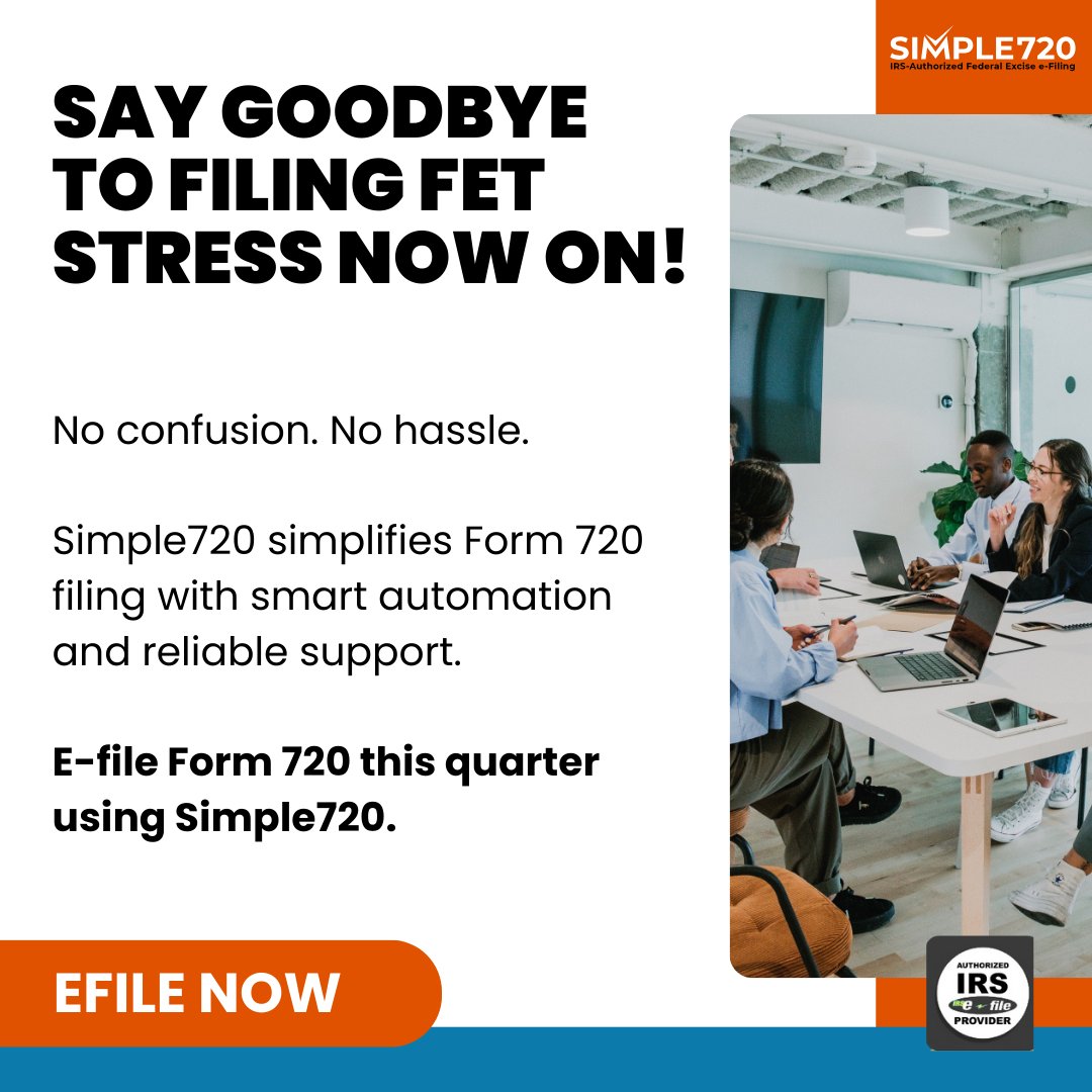 simple720online's tweet image. File smarter this quarter. Choose Simple720 for fast Form 720 e-filing. simple720.com

#form720 #excisetax #IRS #simple720