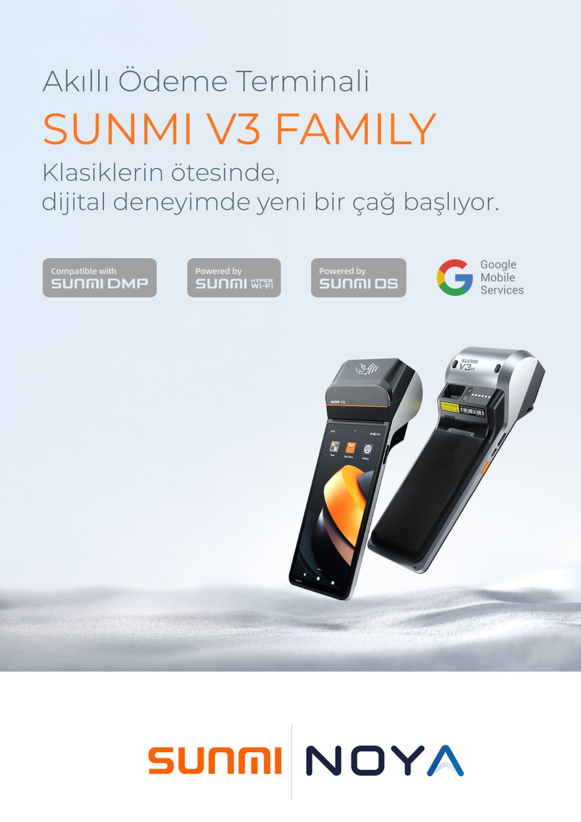 noya_tech's tweet photo. SUNMI V3 ailesi işinizi nasıl dönüştürüyor? 🤔

✅ %200’e varan performans artışı
✅ 6.75" HD+ parlak ekran
✅ Hem fiş hem etiket baskısı
✅ NFC ile hızlı mobil ödeme (SoftPOS)
✅ Süper hızlı lazer barkod tarama
✅ Şık, ergonomik ve dayanıklı tasarım https://t.co/MIckKQVt5h