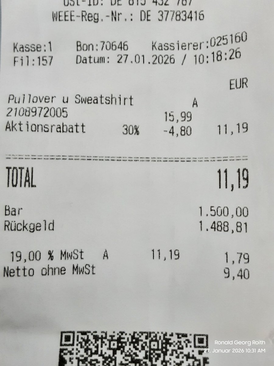 Heute bar bezahlt. 
Muss auch mal sein. 😆😅🤣
