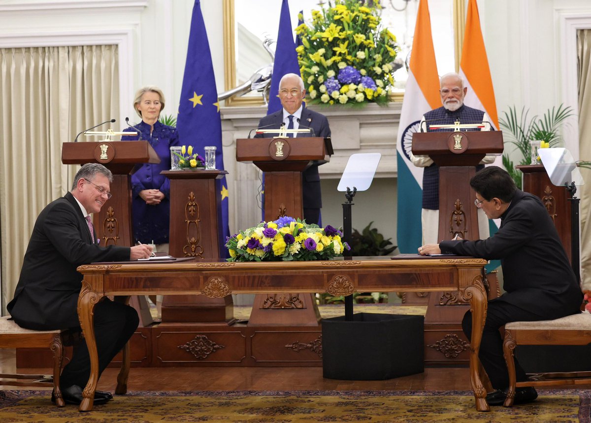 #IndiaEUTradeDeal, the Mother of All Trade Deals 🇮🇳🇪🇺

India and the European Union ink a comprehensive Free Trade Agreement, marking a significant milestone in our economic engagement.

The agreement will unlock opportunities across sectors, benefiting businesses and people, and
