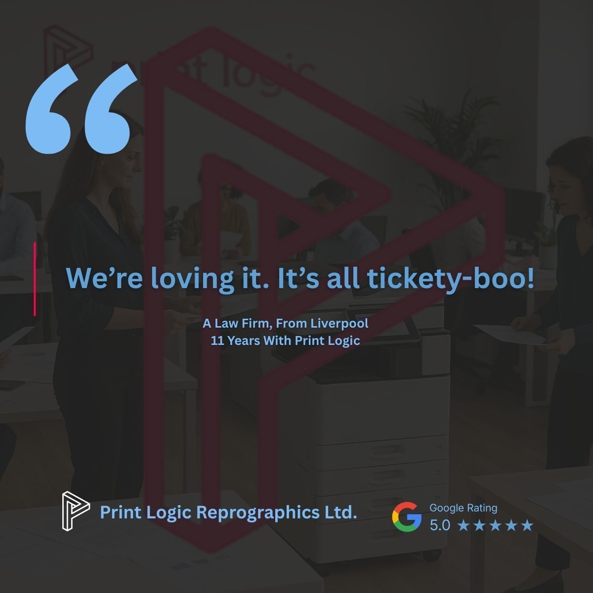 "Tickety-boo" might just be our new favourite legal term. ⚖️✨
11 years of keeping the printers humming and the vibes high for our friends in Liverpool. If you want your office tech to stop acting up and start acting "tickety-boo," you know who to call! #PrintLogic #B2B  #PMS