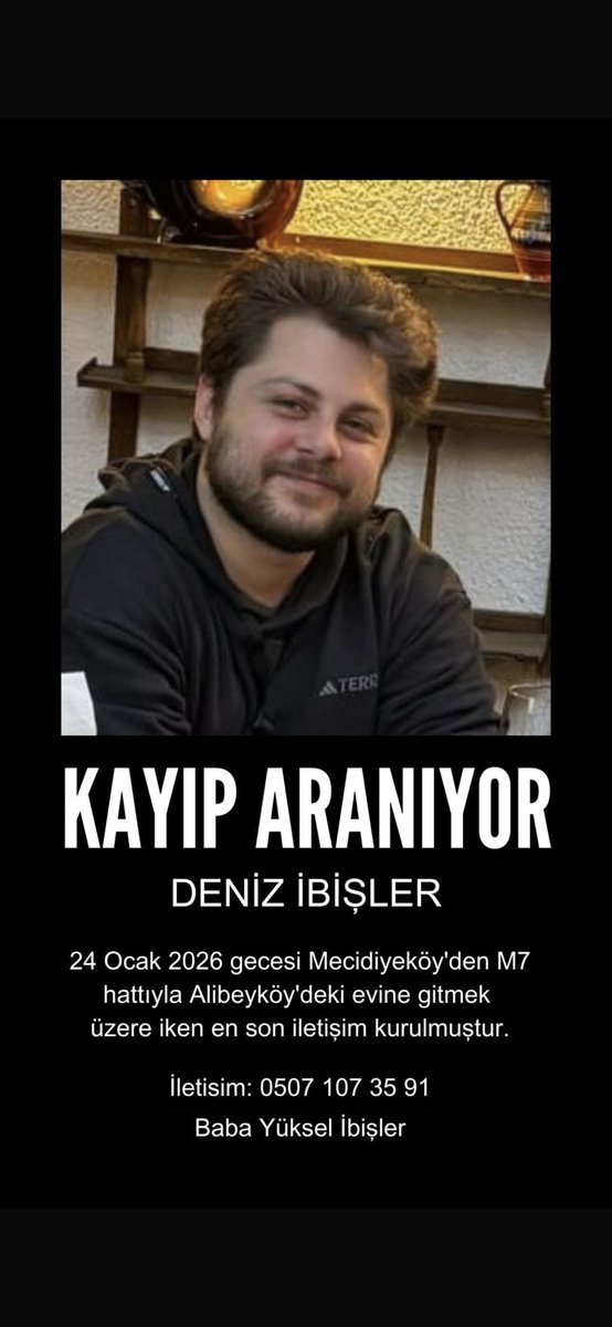 Deniz İbişler’den 24 Ocak gününden bu yana haber alınamıyormuş .Lütfen paylaşalım .
Umarım en kısa zamanda sağ salim ulaşılır kendisine 🙏
#DenizİbişlerNerede
