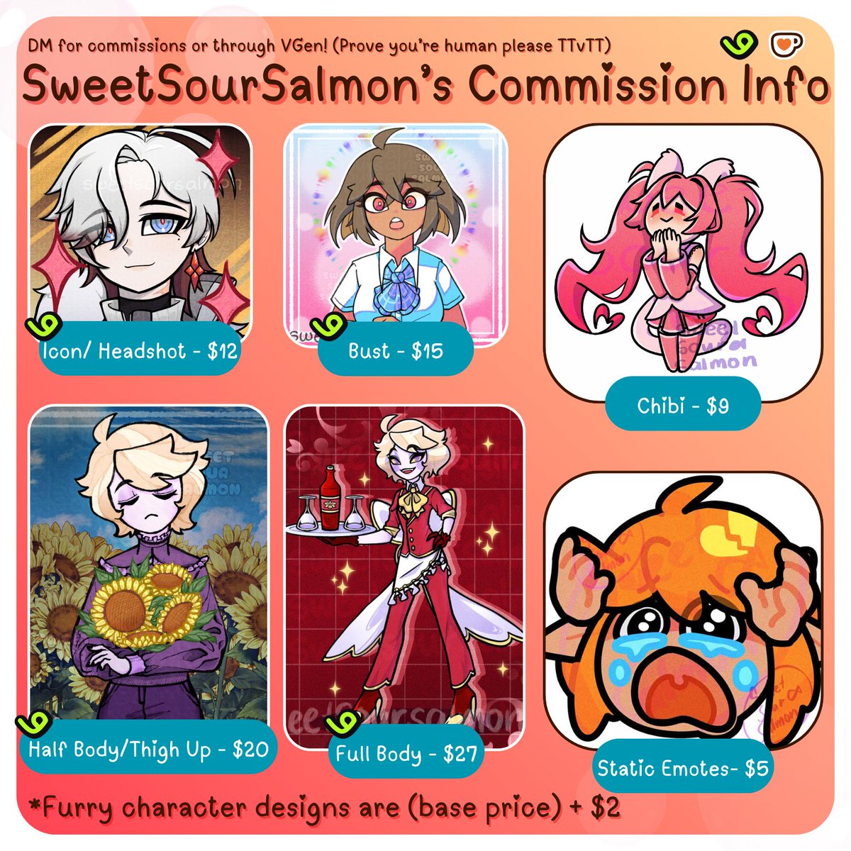 𓆜⋆˚࿔ Updated SweetSourSalmon's Commission Sheet 𓆜⋆˚࿔

#VGen available! :D

VGen (C0mm Info): vgen.co/sweetsoursal...
C0mm Process: x.com/sweetsoursalmo…

♡ + ↻ highly appreciated :>

#CommissionsOpen #CommOpen