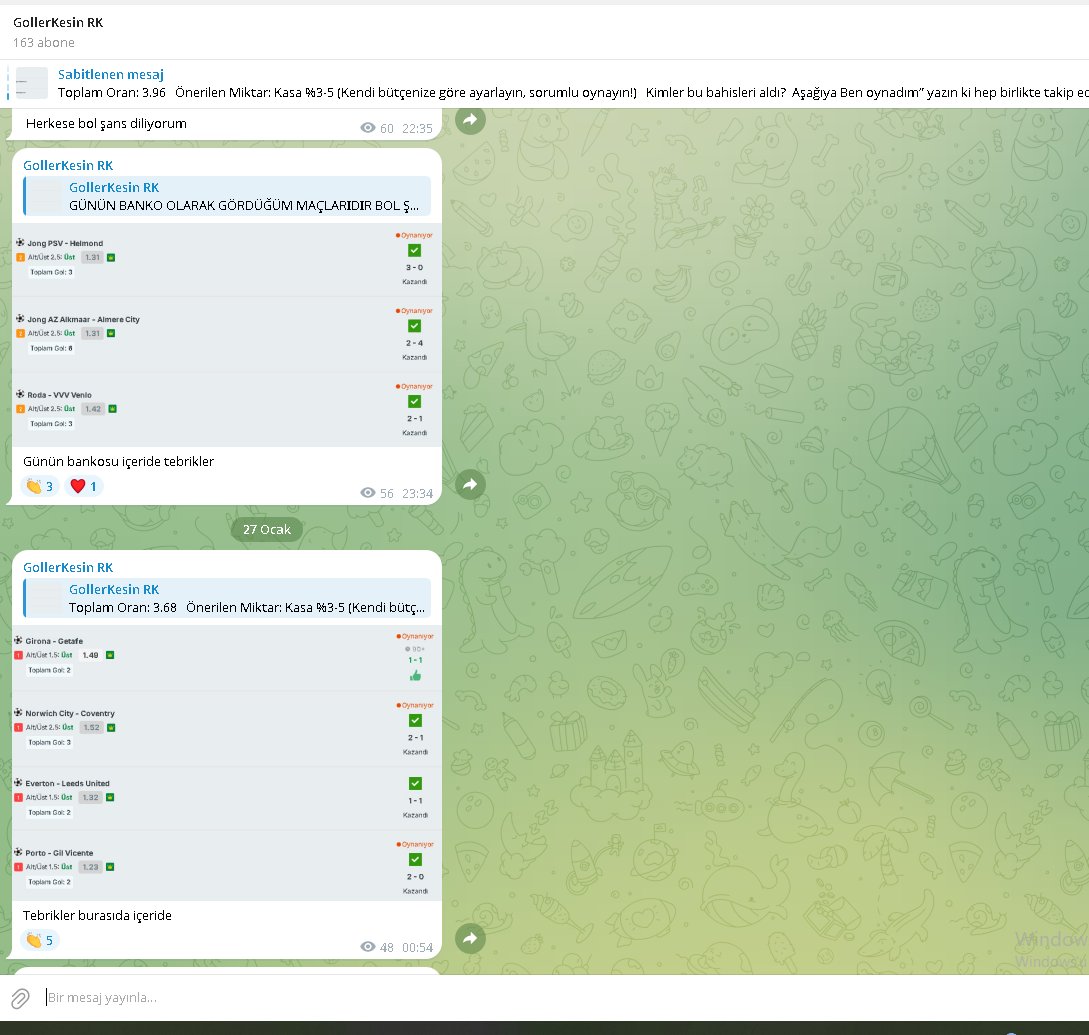 Dün 2 kupon sorunsuz şekilde içeri alındı sende kazanmak istiyorsan 

t.me/GollerKesin