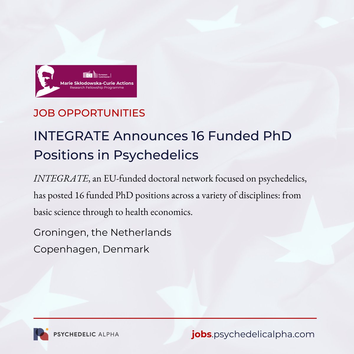 Psyched_Alpha's tweet image. INTEGRATE, an EU-funded doctoral network focused on psychedelics, has posted 16 funded PhD positions across a variety of disciplines: from basic science through to health economics.

More info: jobs.psychedelicalpha.com