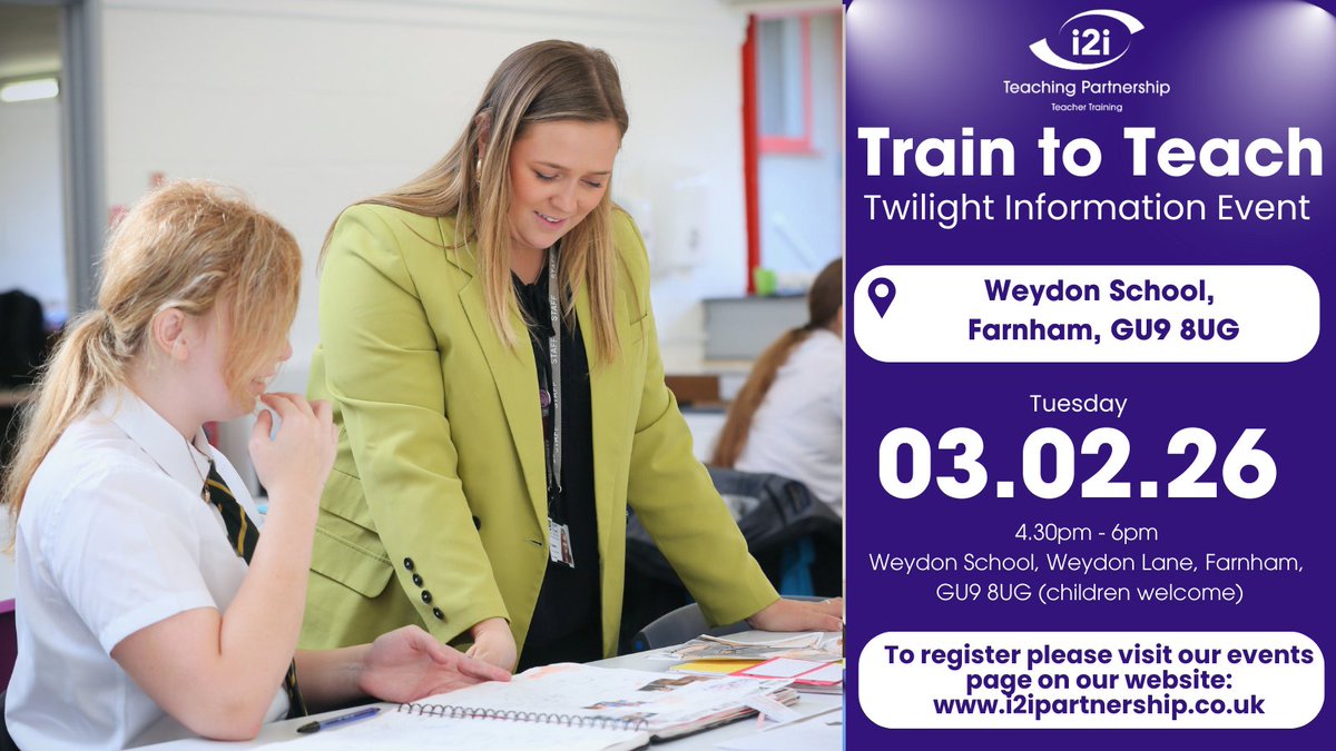 If you're thinking of training to teach the best way to find out if it's for you - is to come along to one of our free information seminars.
Please visit i2ipartnership.co.uk and click on the events tab to book your place 

#careerchange #graduatejobs #scitt #pgce #teaching