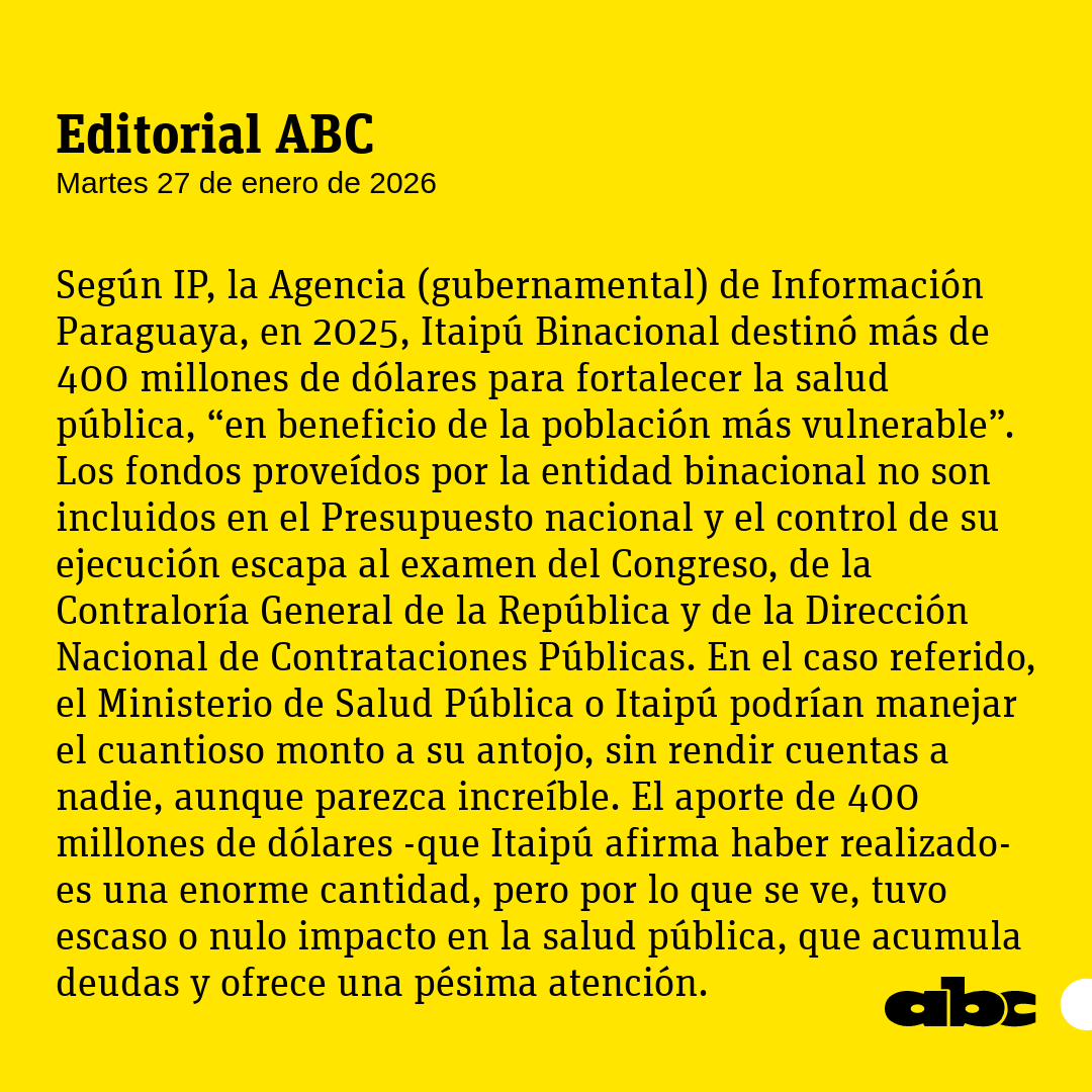 #ABCEditorial| "Itaipú y Ministerio de Salud deben explicar destino de US$ 400 millones".

🔴 WhatsApp: whatsapp.com/channel/0029Va…

abc.com.py/edicion-impres…