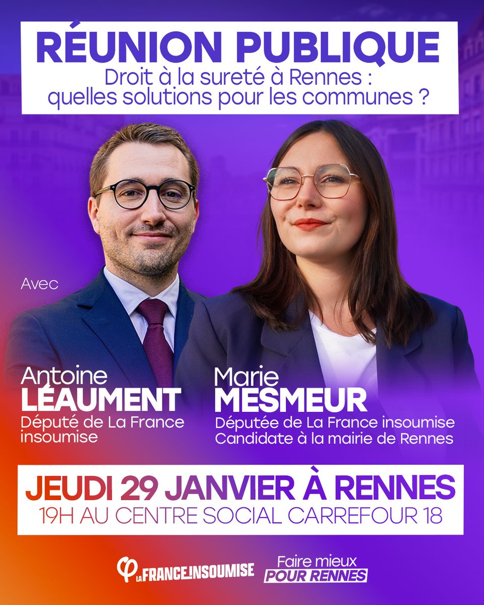 🚨Réunion publique à Rennes

Retrouvez-moi jeudi à 19h au centre social carrefour 18, pour une réunion publique sur le droit à la sureté.

Tous derrière Marie Mesmeur à Rennes !