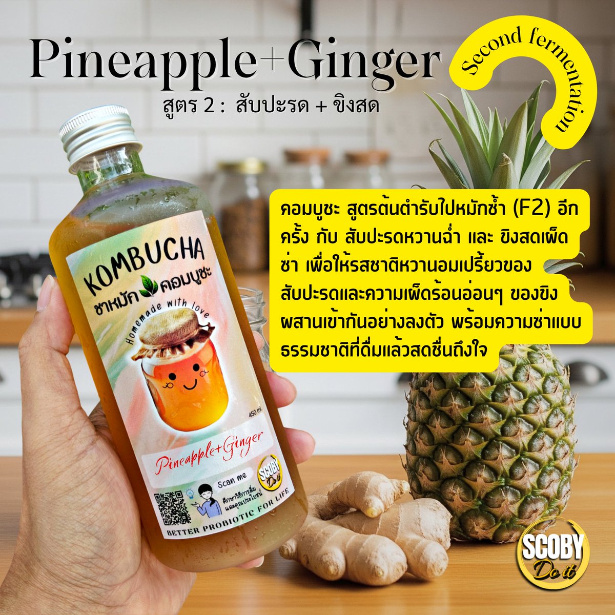 คอมบูชะ สูตรสับปะรด+ขิง นอกจากจะเติมความสดชื่นแล้ว ยังได้ประโยชน์จากสับปะรดและขิง ซึ่งมีส่วนส่งเสริมระบบย่อยอาหารให้ทำงานได้ดี ขับลม บรรเทาปัญหาอาการท้องอืดหรือแน่นหลังทานอาหาร ที่สำคัญ คือ หลังทานอาหารแล้ว ควรเดินย่อยสัก 15 นาทีเพื่อเพิ่มประสิทธิภาพการทำงานของลำไส้ด้วยนะคะ