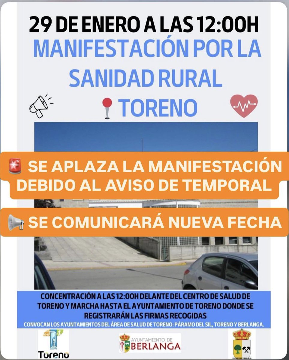 🚨Las previsiones apuntan a que en pocas horas se acumularán importantes cantidades de agua y a que el viento será el protagonista.

Se ha adoptado la decisión de aplazar, hasta nuevo aviso, la MANIFESTACIÓN convocada para el jueves 29 de enero en Toreno #PORLASANIDADRURAL