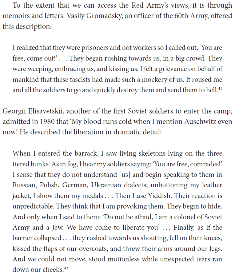 pawelwargan's tweet image. "Do not be afraid, I am a colonel of the Soviet army and a Jew. We have come to liberate you."

On this day in 1945, soldiers of the 322nd Rifle Division of the Soviet Red Army liberated Auschwitz. In the passage below, two Russian soldiers describe the heart-wrenching moment in…
