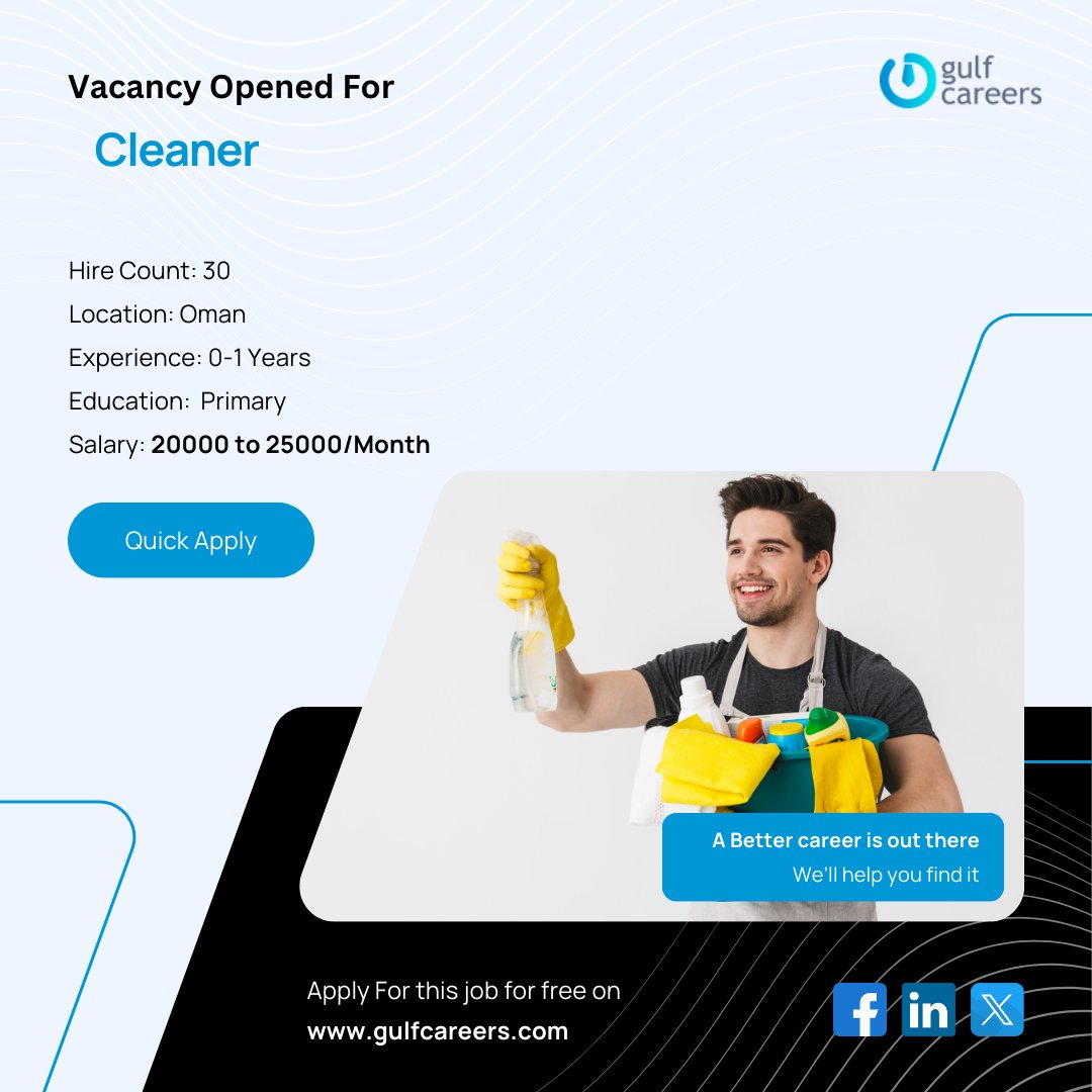 GulfcareersUae's tweet image. Position: Cleaner

📍 Location: Oman
✅ Experience Required: 0–1 Year
💰 Salary: 20,000 – 25,000 / Monthly
🎓 Education Qualification: Primary
👨 Gender Preference: Male
⏳ Deadline: February 24, 2026

gulfcareers.com/job/oman/clean…

#NowHiring #CleanerJobs #OmanJobs
 #FreshersJobs