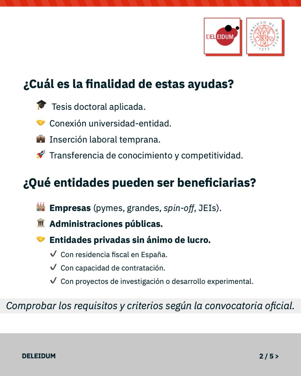 DELEIDUM's tweet photo. 📢 Doctorados Industriales 2025 (AEI)

🗓 Plazo
Del 13 de enero al 17 de febrero de 2026
⏰ Hasta 14:00 h (hora peninsular)

🎓 Duración: 4 años
🤝 Objetivo: realizar la tesis doctoral en proyectos de investigación industrial o desarrollo experimental y mejorar la empleabilidad. https://t.co/X2Yta8WpsP