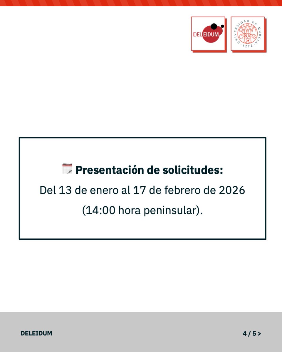 DELEIDUM's tweet photo. 📢 Doctorados Industriales 2025 (AEI)

🗓 Plazo
Del 13 de enero al 17 de febrero de 2026
⏰ Hasta 14:00 h (hora peninsular)

🎓 Duración: 4 años
🤝 Objetivo: realizar la tesis doctoral en proyectos de investigación industrial o desarrollo experimental y mejorar la empleabilidad. https://t.co/X2Yta8WpsP