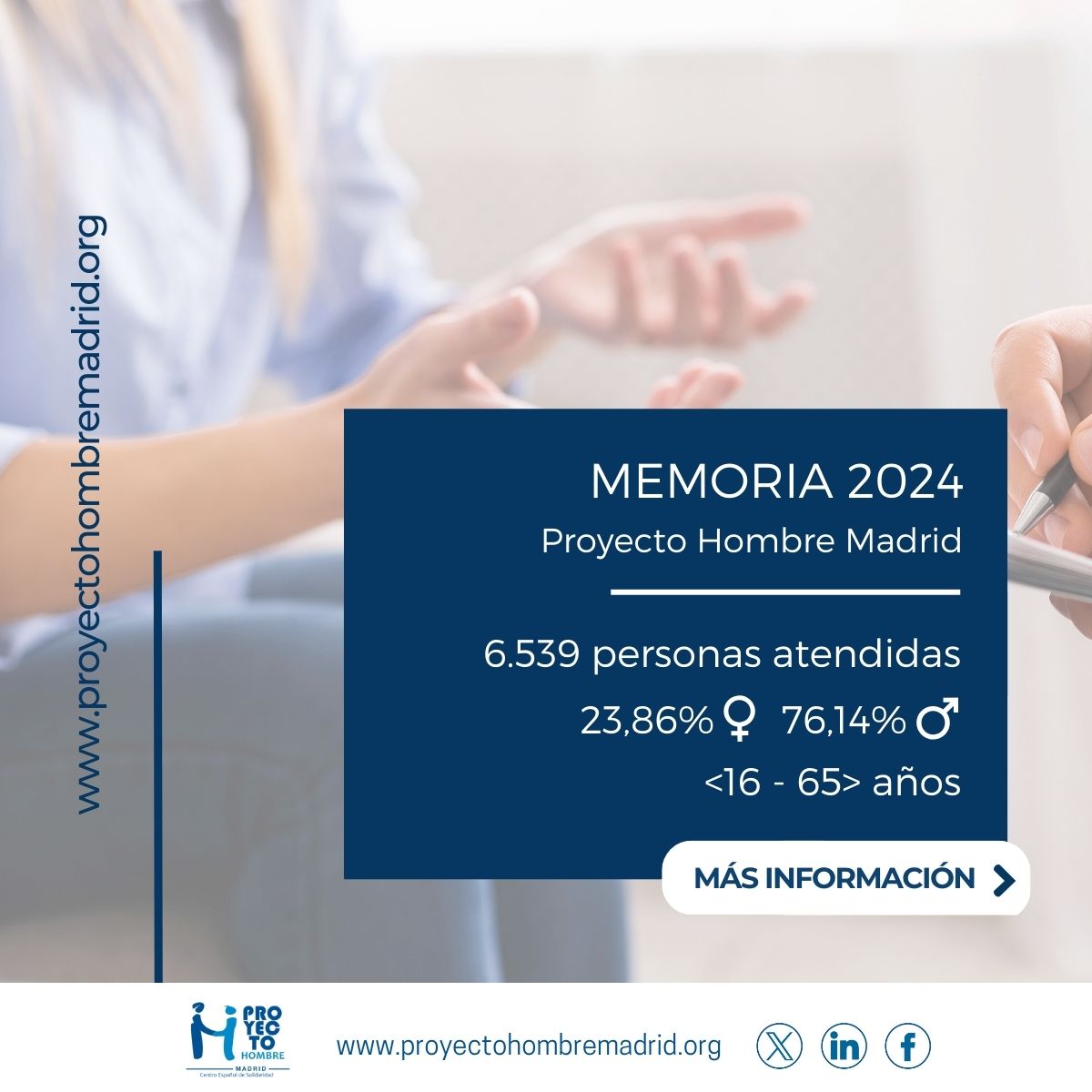 ¿Sabes cuál es la sustancia por la que mayor demanda de tratamiento recibimos en Proyecto Hombre Madrid?
 
¿Conoces todos los centros en los que ofrecemos tratamiento? 
 
Te lo contamos en nuestra última memoria:
🔗 bit.ly/46fR0yB

¿Necesitas más información?
📞915420271