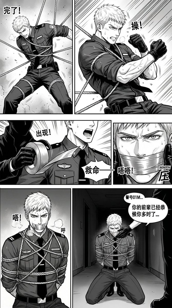 「刑警风云：双雄出击」07/08

门后，是他从未见过的、狼狈而不堪的前辈。
还没来得及惊呼，身后的阴影里，同样的绳索已经缠上他的颈侧。
 (P21-P24)
 #BL #英雄 #双双落难 #绑架