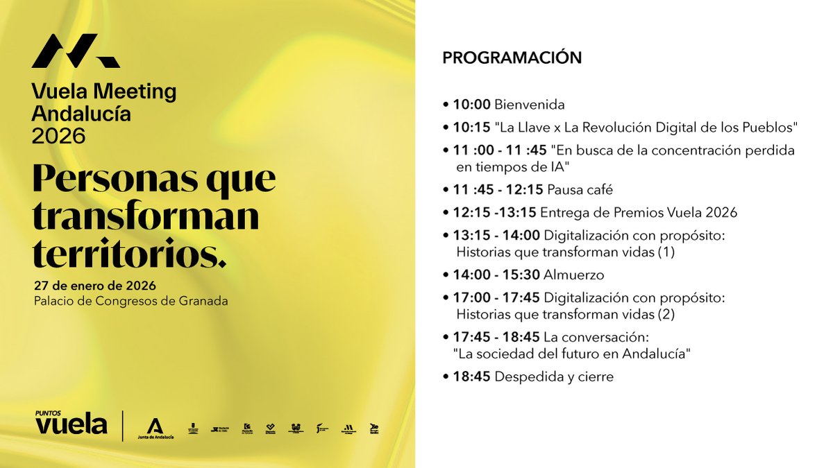 ¡Arranca #VuelaMeetingAndalucía26!

Mil personas de la red #PuntosVuela reunidas en Granada para celebrar además los #PremiosVuela2026🏆

Foco: las personas que transforman territorios a través de la tecnología y la innovación

Con la bienvenida de <a href="/juanluiscruz_/">Juan Luis Cruz</a> y <a href="/RaulJimenezJ/">Raúl Jiménez Jiménez</a>