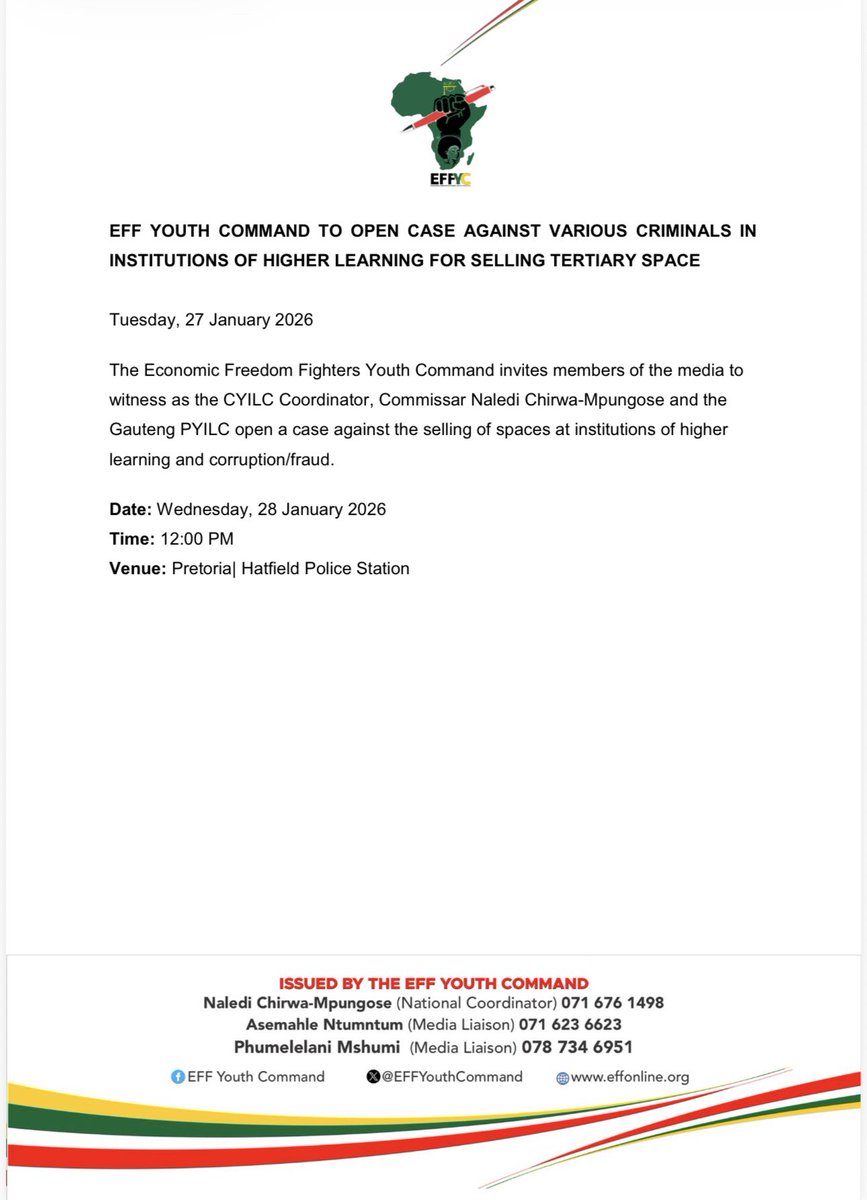 EFFYouthCommand's tweet image. 📕Press Alert 📕

EFF Youth Command to Open Criminal Case Against Various Criminals in Institutions of Higher Learning for Selling Tertiary Space 

27 January 2026