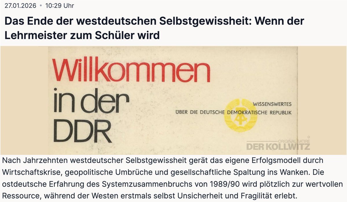 „Wir Ossis haben das schon durch. Die Normen brechen weg, das System  kollabiert, die Gewissheiten erodieren. Das passiert ja gerade. Und ihr  haltet uns auf."

Während der Westen nun erschüttert wird wie der Osten 1989/90, reagieren  jene, die den Zusammenbruch bereits