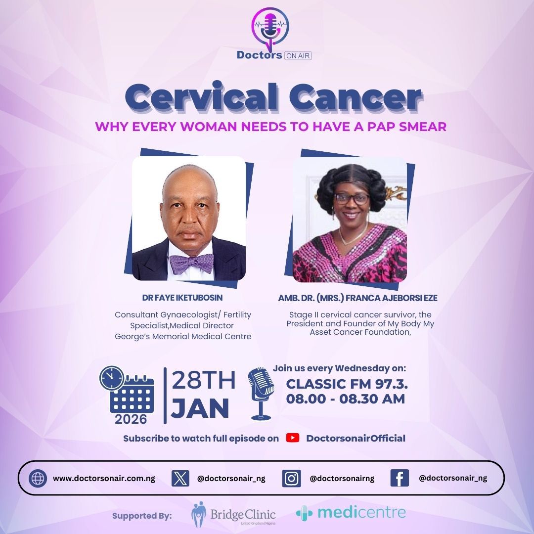 DoctorsOnAir_NG's tweet photo. 💙
This week on Doctors on Air, we’re talking about cervical cancer, Pap smears, and why regular screening can save lives.
Tune in

#DoctorsOnAir
#DoctorsOnAirWithDrPamela
#ClassicFM973  #CervicalCancerAwareness https://t.co/E6ojsfhLYm