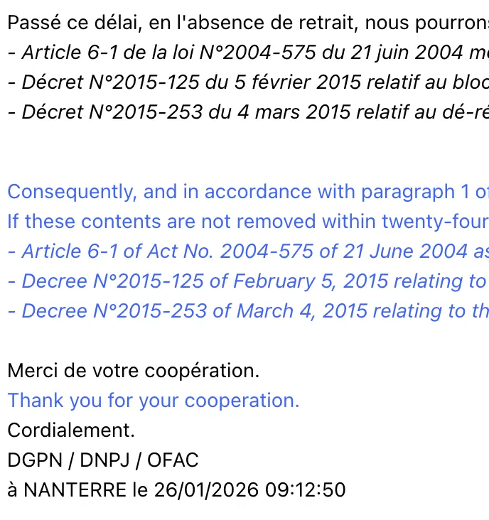 Casimir_Noir's tweet photo. #Gab a reçu une mise en demeure adressée par #DGPN / #DNPJ / #OFAC pour faire sauter des comptes. https://t.co/OsV7EiiQ35