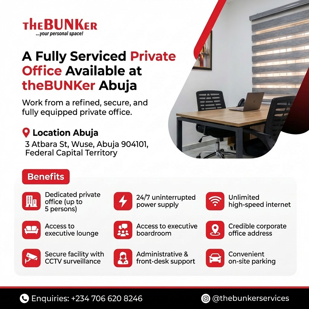 Need a private office without the hassle?  Now available in Abeokuta &amp; Ibadan.

TheBUNKer gives you power, internet, security, and a professional address — all in one space.

#theBUNKer #personalspace