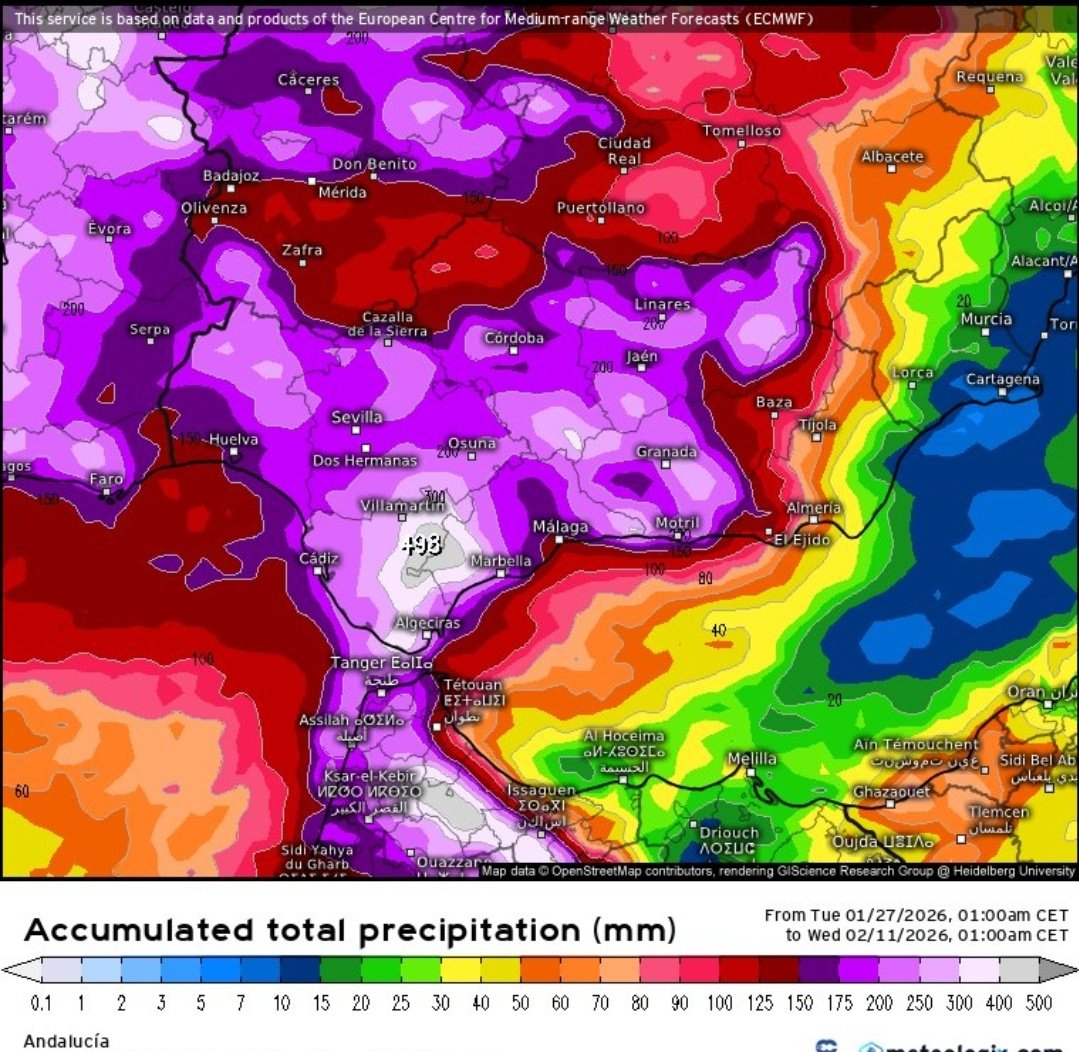 Vakapiupiuu's tweet image. Del 27 #gener2026 al 10 de #febrer2026 seguirem amb fronts atlàntics de molta pluja a Portugal, W i NW d'Espanya. També Pirineu des de Navarra fins la Ribagorça o Andorra, veurem.
Ratxa de "#sequera" 20 mm a la costa i Est de Catalunya. 500 mm o li/m² Portugal Galicia Andalusia!