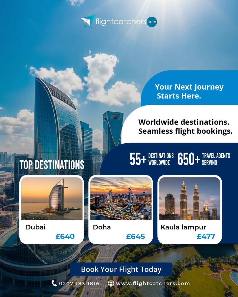 From city skylines to global escapes, your next journey starts here 
Worldwide destinations. Seamless flight bookings.

📞 0207 183 1816