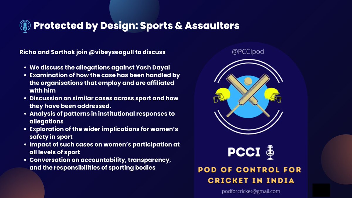 PCCIpod's tweet photo. ‼️ Important New Episode: Protected by Design: Sport &amp; Assaulters 

🗣️ ft. Richa, @devellix &amp; @Vibeyseagull 

📋 Yash Dayal, RCB, Footballers, NFL &amp; how all of this affects women's participation in sport

💭 Discussion Points below. Link in the subsequent tweets https://t.co/NaUg9yBnvz