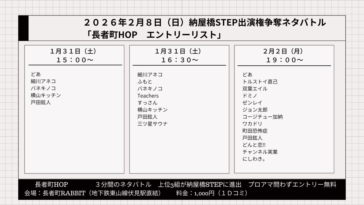2/8（日）納屋橋STEP出演を
賭けた戦い

長者町HOP！！！

チケット代1000円（1d込）

エントリーまだ募集中！
forms.gle/d8QEqVtYKbY8u6…