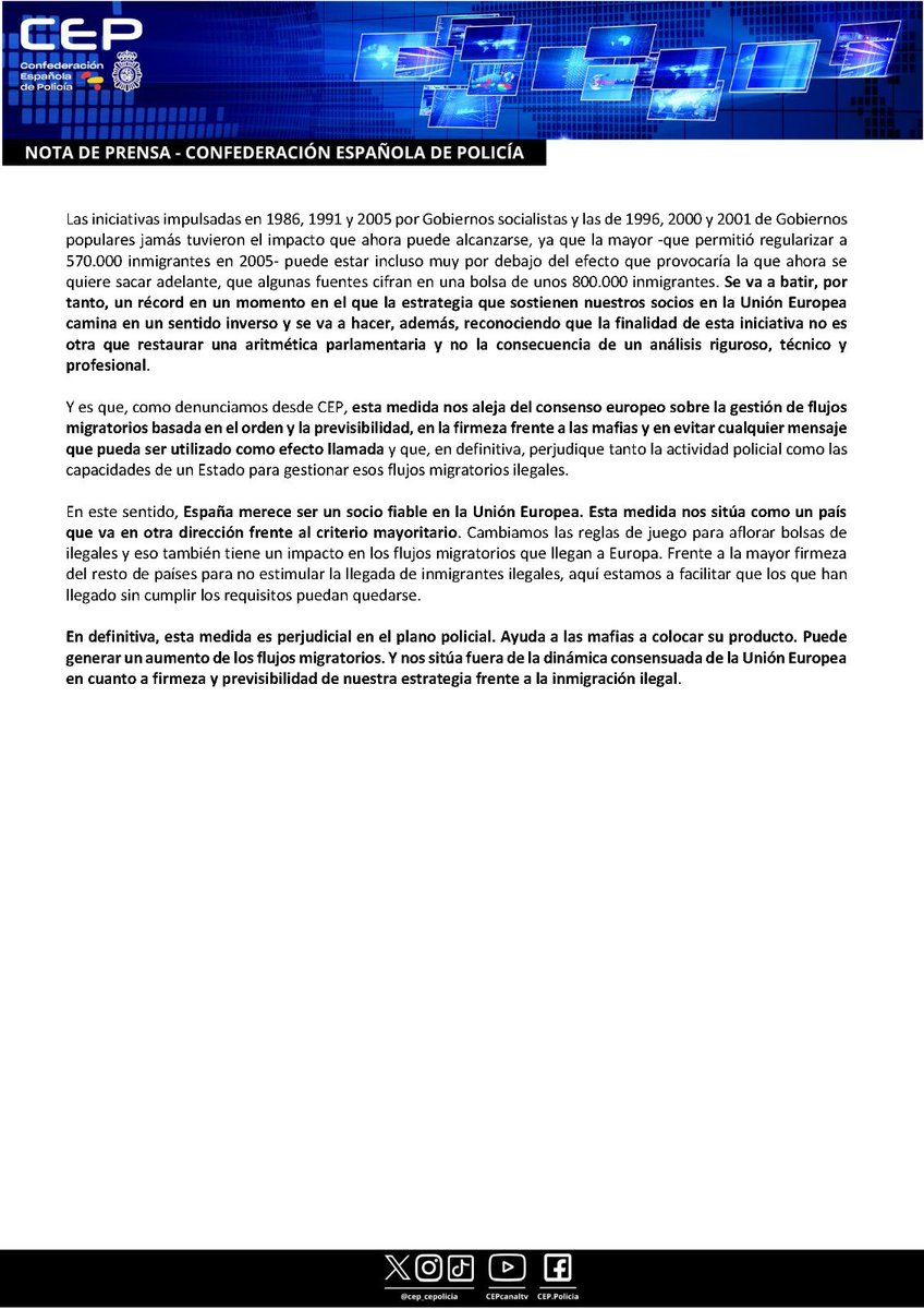 🔈 La inminente regularización masiva de inmigrantes que proyecta el Gobierno perjudicará la operativa policial, provocará un efecto llamada, rompe un consenso de veinte años y se opone frontalmente a las políticas europeas migratorias. Denuncia <a href="/cep_cepolicia/">CEP</a> de esta mañana 👇🏻