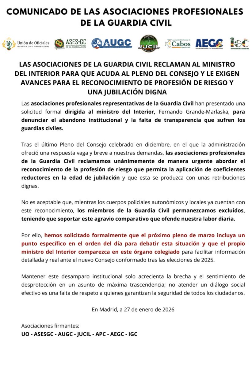 Las asociaciones de la Guardia Civil reclaman a <a href="/interiorgob/">Ministerio del Interior</a> para que acuda al Pleno del Consejo y le exigen avances  para el reconocimiento de profesión de riesgo y una jubilación digna.