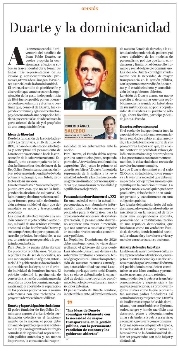 Aquí les comparto el artículo de este martes del ministro <a href="/robertoangel02/">Roberto Ángel Salcedo</a> | Duarte y la dominicanidad eldia.com.do/duarte-y-la-do…