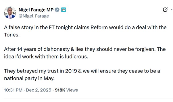 Rest assured that Reform will NEVER work with Tories.
Apart from Lee Anderson, Nadine Dorries, Danny Kruger, Andrea Jenkyns, Jonathan Gullis, Sarah Pochin, Jake Berry, Marco Longhi, Peter Bone, Robert Jenrick, Andrew Rosindell, Suella Braverman…