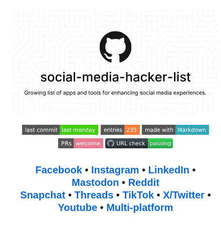 tom_doerr's tweet photo. Tools for social media platforms

https://t.co/8isrePwwMo https://t.co/xM1pjsE5WD