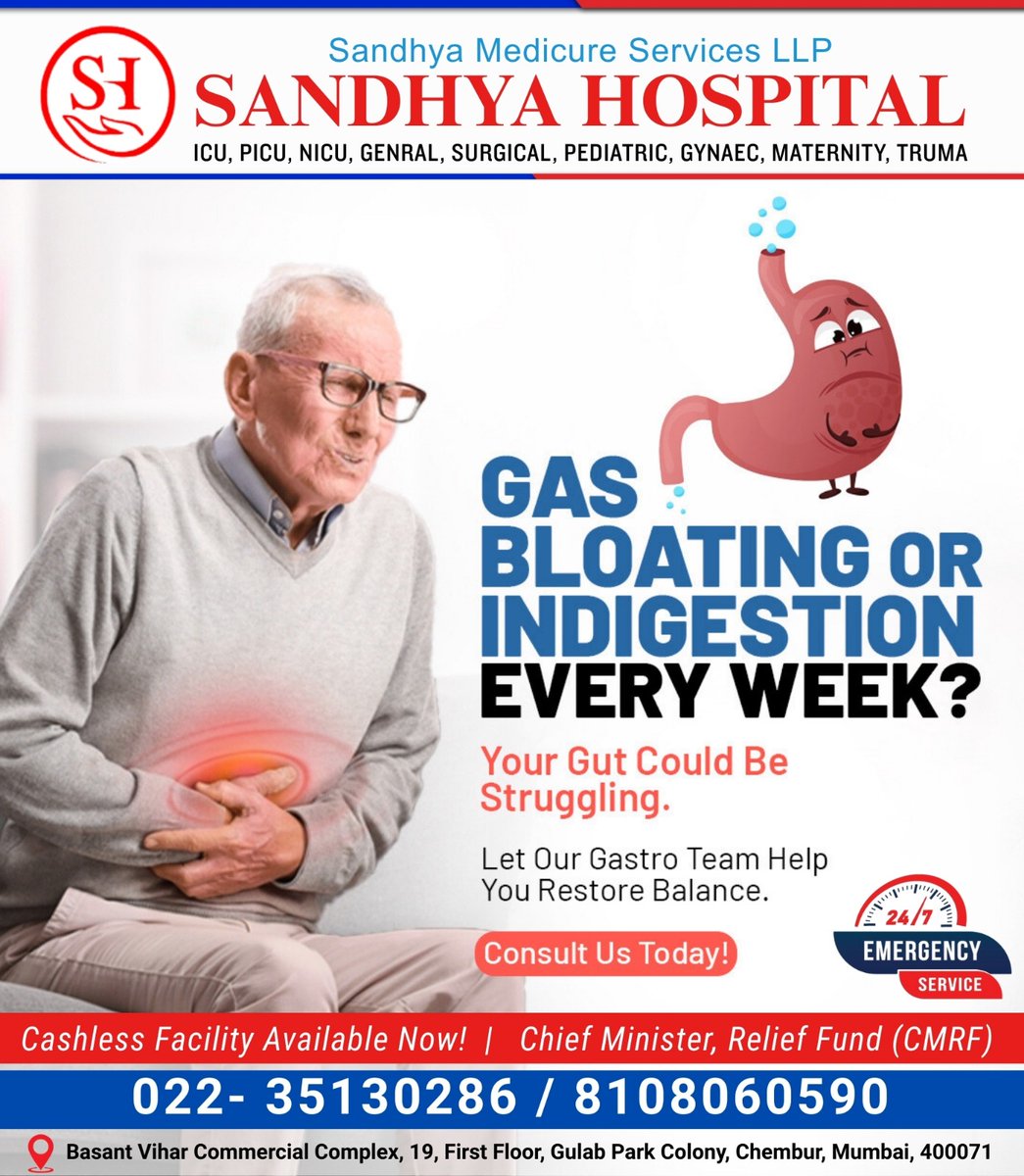 HospitalSa51116's tweet photo. 🤢 Gas, Bloating or Indigestion Every Week?
Your gut may be trying to tell you something 
At Sandhya Hospital, our expert Gastro &amp; Surgical Team helps diagnose and treat digestive issues so you can get back to feeling your best.
📞 Call Now:
022-35130286 | 8108060590 https://t.co/HfWv7f3xaY