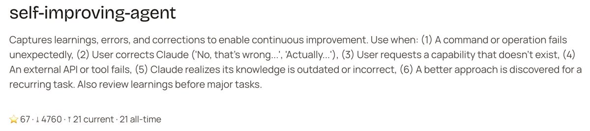 A quick check on what skills are used (upvoted) most and hence the most popular automation ideas using clawdbot - clawdhub.com/skills 
Logging errors, learning from it and improving (not making the same mistakes again) is super powerful. Anyone tried using it?
