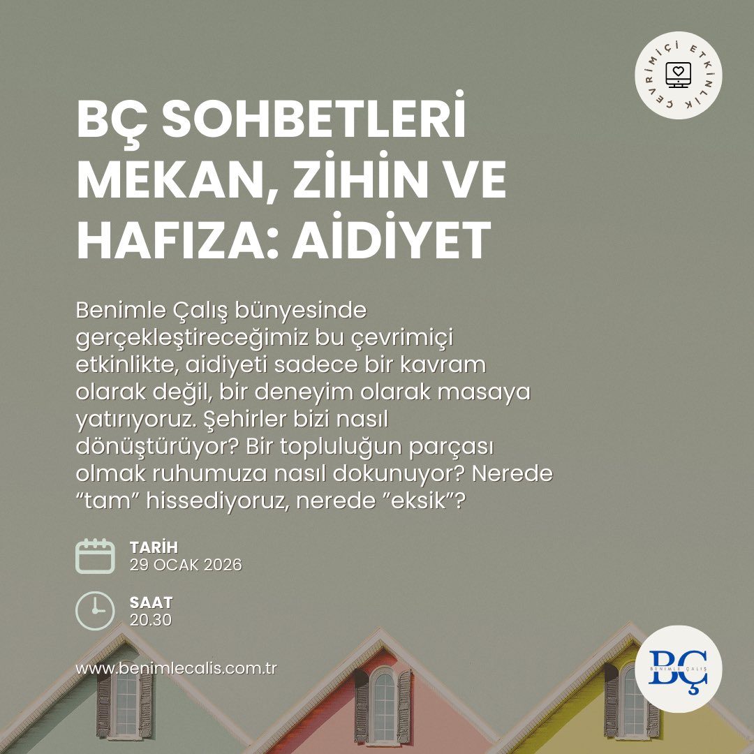 Benimle Çalış bünyesinde gerçekleştireceğimiz bu sohbette; aidiyeti sadece bir kavram olarak değil, bir deneyim olarak masaya yatırıyoruz. 

Tüm üyelerimiz davetlidir✨

📅Tarih: 29 Ocak Perşembe
🕣Saat: 20.30
📍Mekan: Google Meet