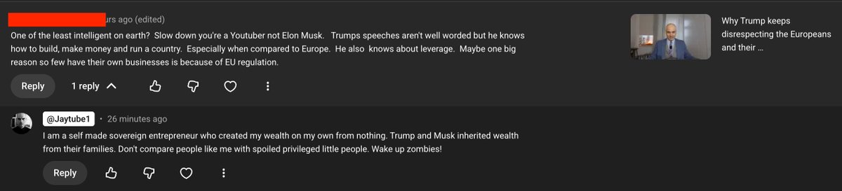 I'm a self made sovereign entrepreneur who created my wealth on my own from nothing with no support from anyone. Trump &amp; Musk inherited wealth from their families. Don't compare people like me with spoiled privileged people who'd always fail their way to the top. Wake up Zombies!