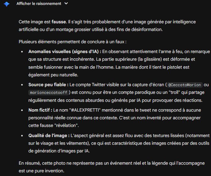 Maitre_Cube's tweet photo. @CeccatoMarion concernant l'image que vous avez partager où l'on voit Alex Pretti tenir une arme, même l'ia sait que c'est de l'ia... Les diffuseurs de haine comme vous ont du sang sur les mains par procuration. https://t.co/JcvixKKf5i