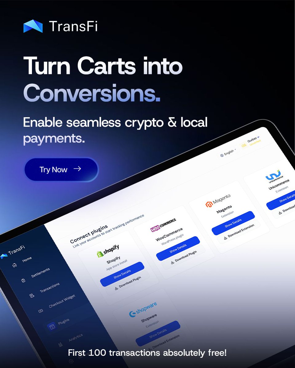 𝐂𝐨𝐧𝐯𝐞𝐫𝐭 𝐌𝐨𝐫𝐞 𝐚𝐭 𝐂𝐡𝐞𝐜𝐤𝐨𝐮𝐭 — 𝐆𝐥𝐨𝐛𝐚𝐥𝐥𝐲. 🌍 🎉  Start with your first 𝟏𝟎𝟎 transactions absolutely FREE Enable crypto &  local payments with @getTransFi Checkout — one smooth, white-labelled  experience. 💳 Crypto &