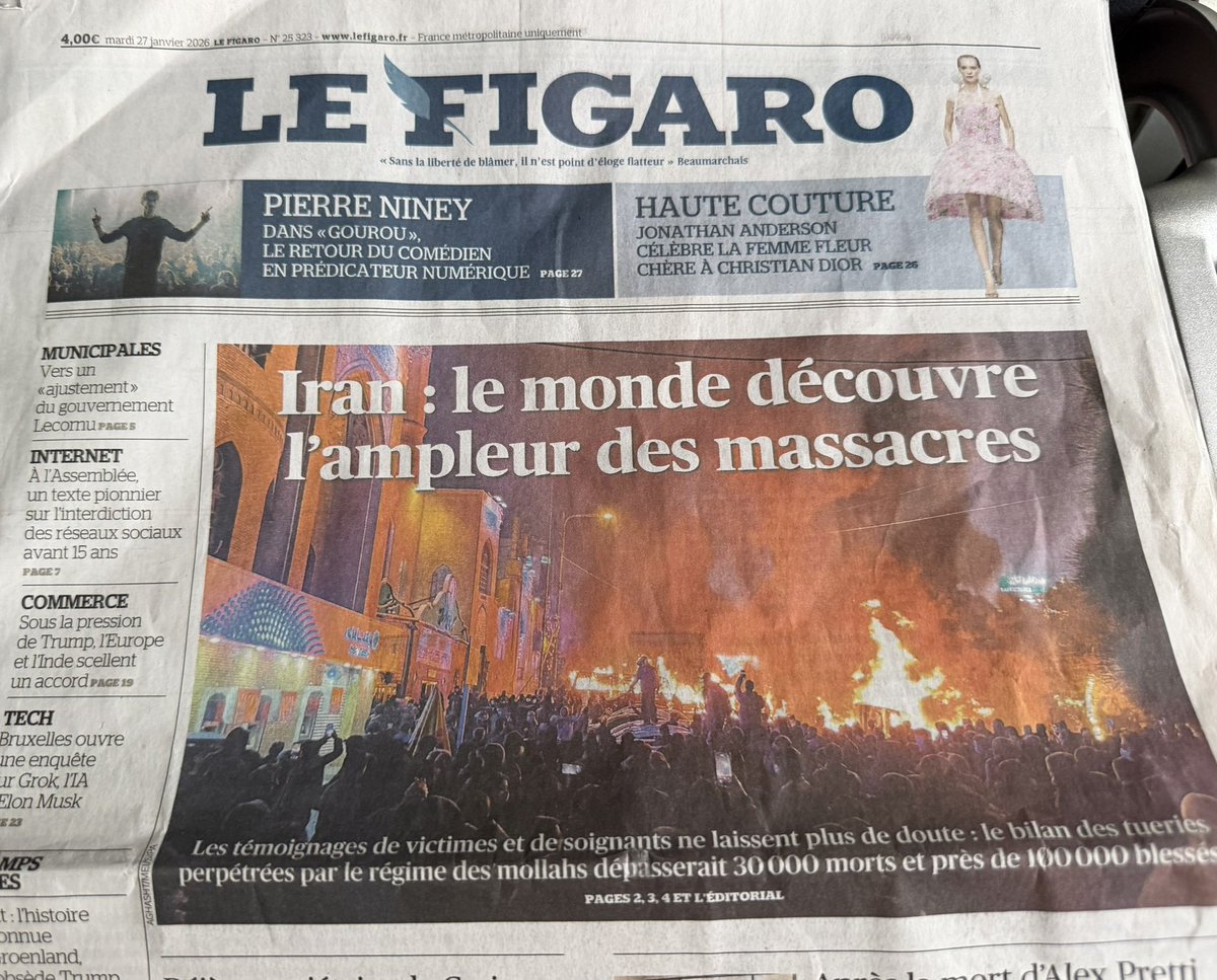 Félicitations au <a href="/Le_Figaro/">Le Figaro</a> pour cette Une et ces pages si fortes sur le massacre du peuple iranien par son gouvernement. 
Ces visages de la jeunesse assassinée et les chiffres documentés révèlent l’ampleur de l’infamie du régime islamique d’Iran.
#IranMassacre