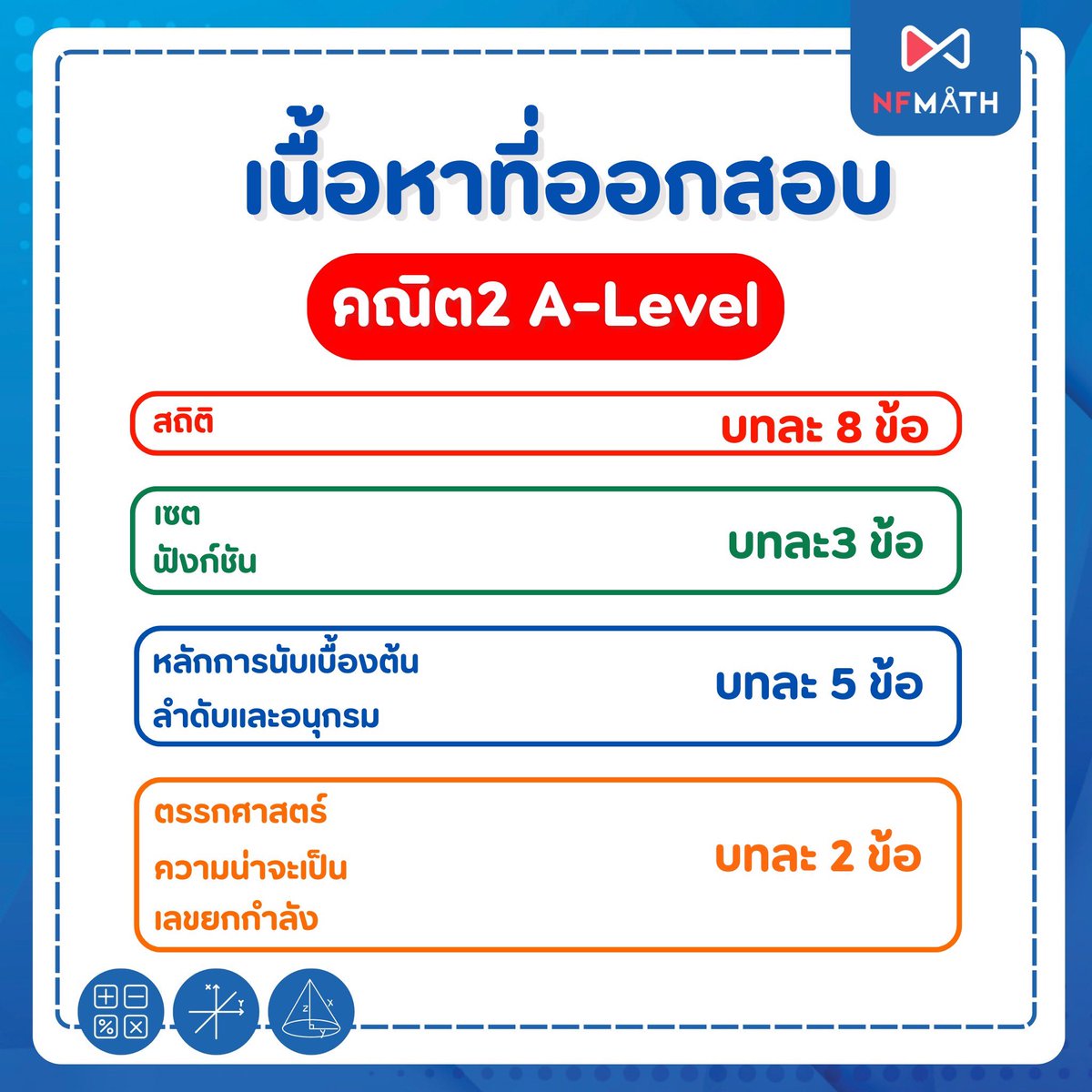 MEDDENT3's tweet image. 🔥เนื้อหาที่ออกสอบคณิต 1&amp;amp;2 A-Level มีอะไรบ้าง‼️
.
🔥 การสอบรายวิชา จะเป็นการสอบด้วยกระดาษเท่านั้น!!
.
🔥 ข้อสอบจริงปีล่าสุดคณิต1 A-Level ดาวน์โหลดได้เลยตอนนี้ผ่านทางเว็บไซต์ 👉🏻meddentgat.com/posts/free-exa…
.
🔥 #DEK69 ที่กำลังมองหาคอร์ส คณิต A-Level อยู่ จิ้มลิ้งนี้ได้เล้ยย