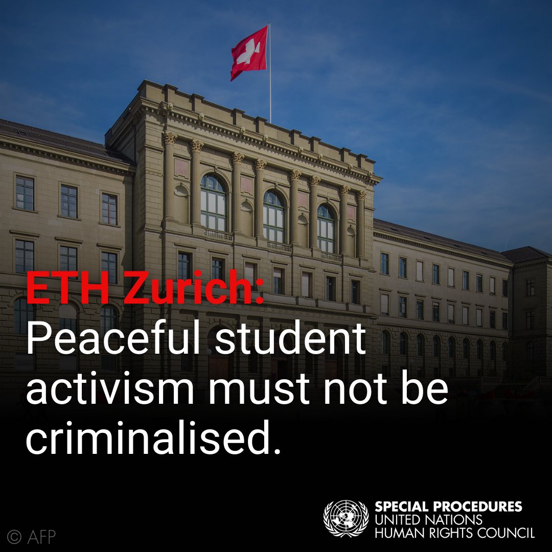 #Switzerland: UN experts alarmed by criminal sanctions against students protesting ETH Zurich partnerships with Israeli universities.
Publicly funded research must not contribute, directly or indirectly, to war crimes, crimes against humanity or genocide.

ohchr.org/en/press-relea…