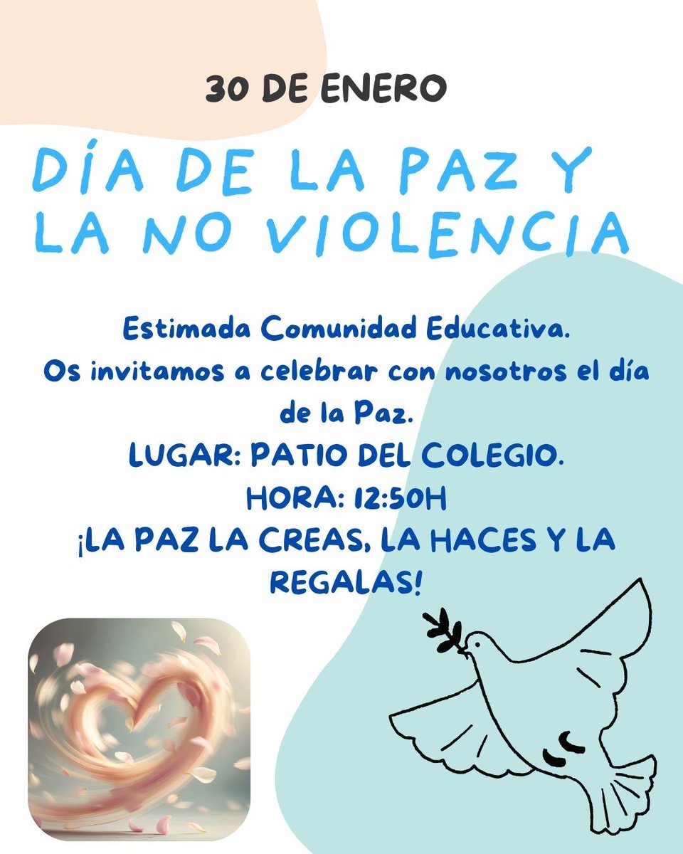 Celebramos el Día de la Paz y la No Violencia🌟🕊️
El próximo viernes 30 de enero, 12:50h, en el patio del colegio.
¡Estáis todos invitados!
#Paz #NoViolencia  #ArchidiocesisBurgos