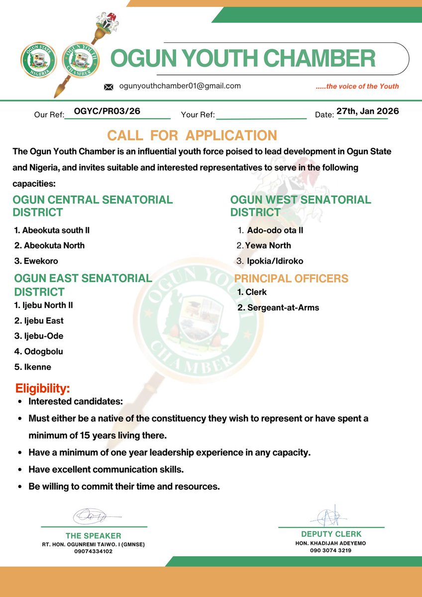 OGYC_'s tweet photo. Ready to represent your constituency?
Write a 250-word personal statement outlining your motivation for service and apply to the Ogun Youth Chamber.
📩 ogunyouthchamber01@gmail.com
Together, we will build the Ogun State of our dreams.

Approved by:
The Principal Officers. https://t.co/dEGvlVkeC5