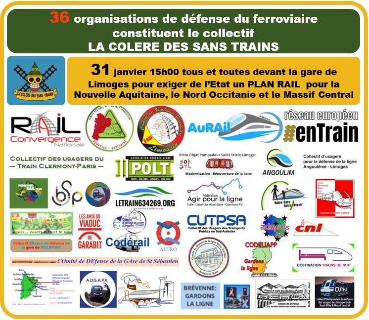3️⃣ 6️⃣ 36 organisations de défense du ferroviaire en Nouvelle Aquitaine, Nord Occitanie et Massif Centrale signent l'APPEL DES SANS TRAINS!