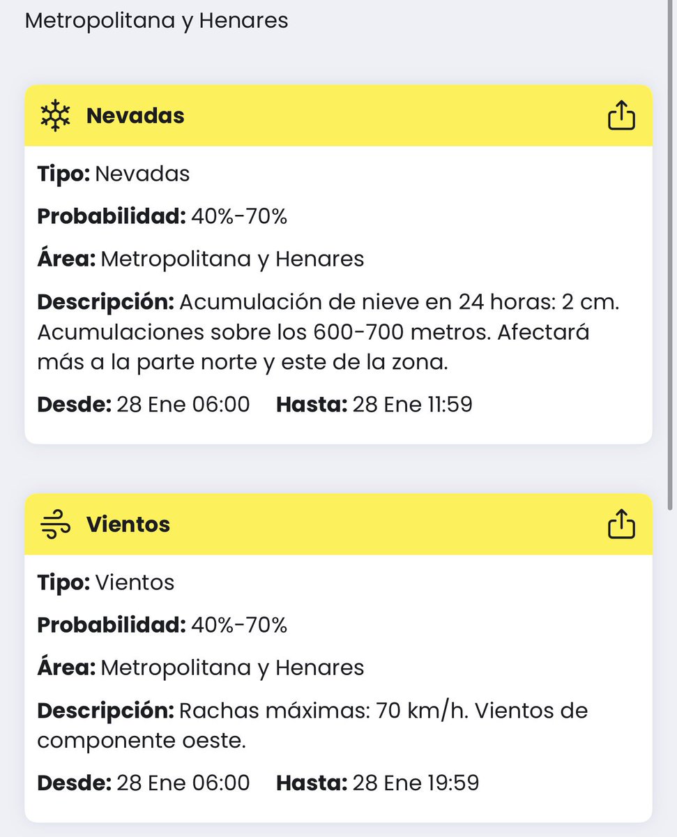 ❄️💨 AVISO POR NEVADAS Y FUERTES VIENTOS PARA MIÉRCOLES 28 DE ENERO.

- Cota de nieve 600-700m y 2cm.
- Rachas de viento de hasta 70km/h

La nieve podría coincidir con la hora punta de la mañana. Precaución.