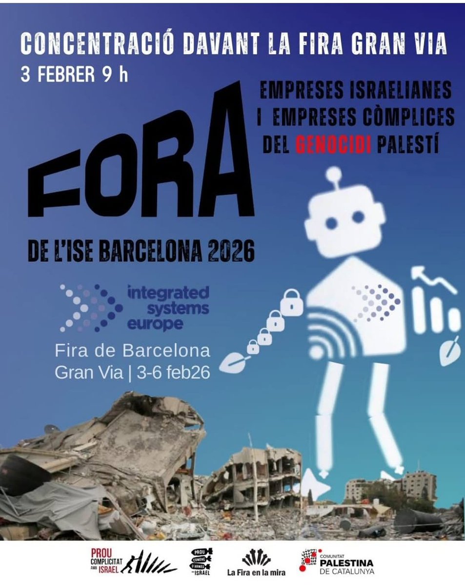 🇵🇸 El genocidi no s'atura i seguim amb les mobilitzacions per aturar tota complicitat!

🔻Dijous 29 gener en memòria de Hind Rajab a la platja de BCN i al vespre concert-manifest al Palau St Jordi

🔻 Dissabte 31 gener manifestació a BCN

🔻3 febrer concentració a la Fira de BCN