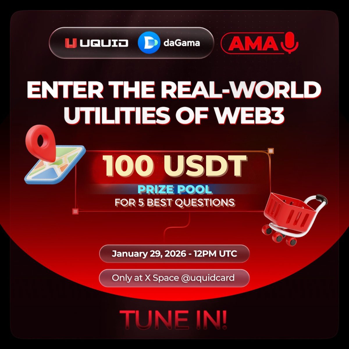 🚀 Join Uquid x daGama AMA for a chance to win 100 USDT Prize Pool 🚀 

Discover how blockchain powers everyday shopping, trusted reviews &amp; more!

100 USDT prize pool for the 5 BEST questions!
To enter:
1. Comment your Question below
2. Follow <a href="/uquidcard/">UQUID - Web3 Shopping Infrastructure</a>, <a href="/dagama_world/">daGama</a> &amp; RT this